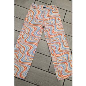 No Vacancy Psychedelic Swirl High Waisted Straight Leg Pants Orange Blue Large